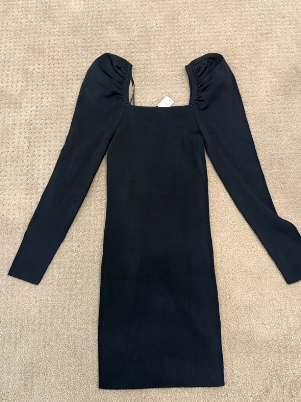 Aqua Black Puff-Sleeve Square-Neck Midi Dress